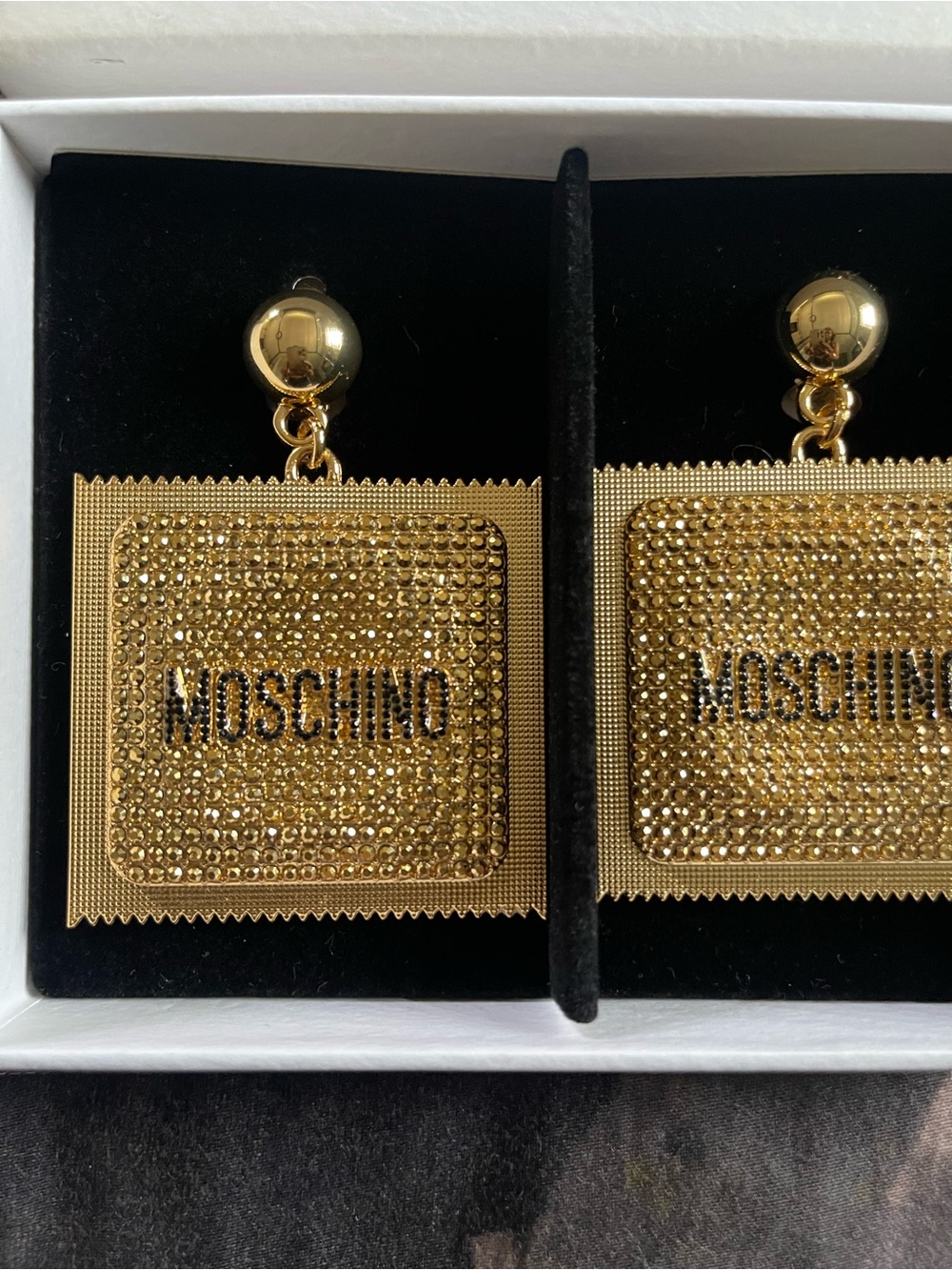 Moschino Gold Crystal Square Logo Drop Earrings